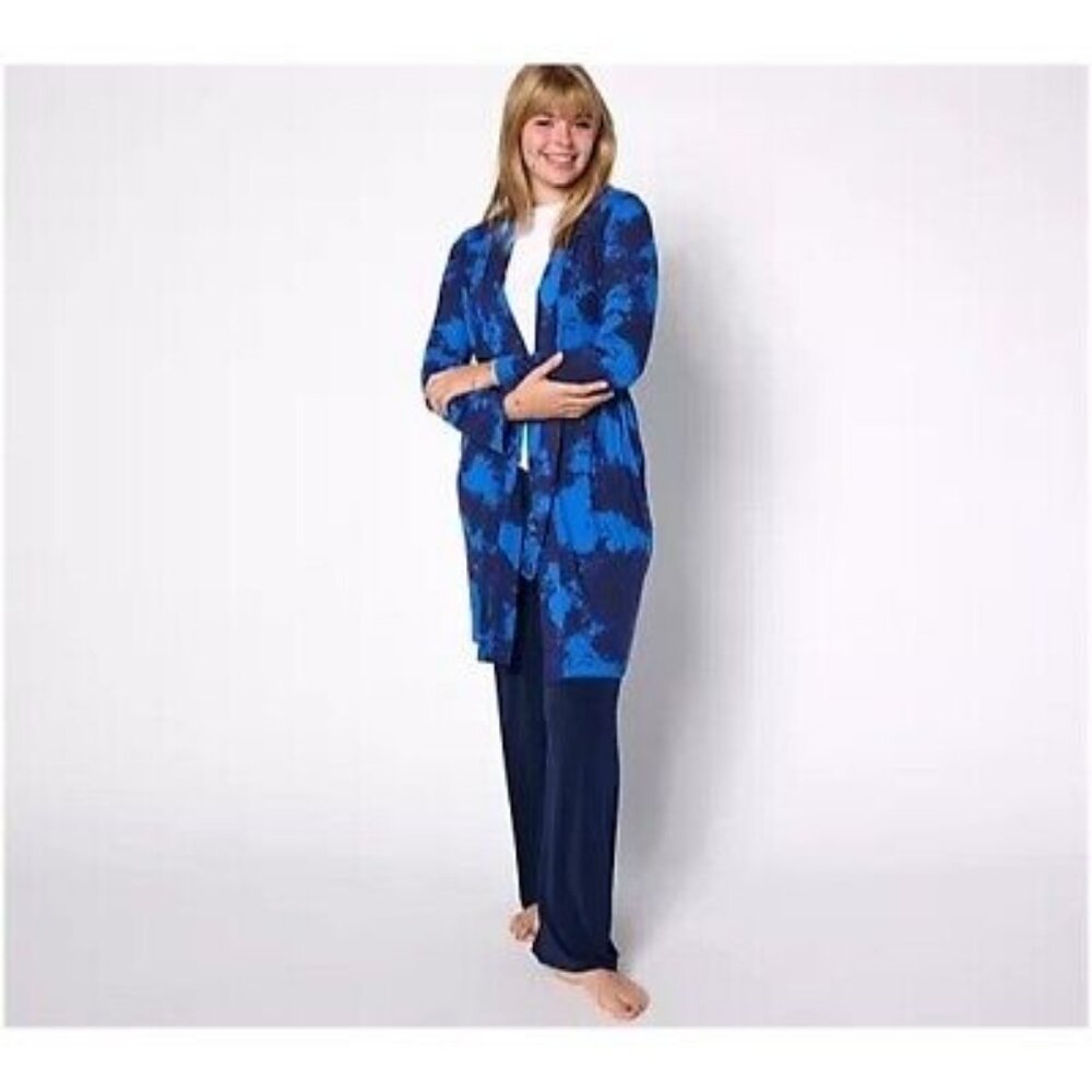 Womens Bumble Bella by Jill Martin Blue Navy Watercolor Print Jersey Spa Robe M